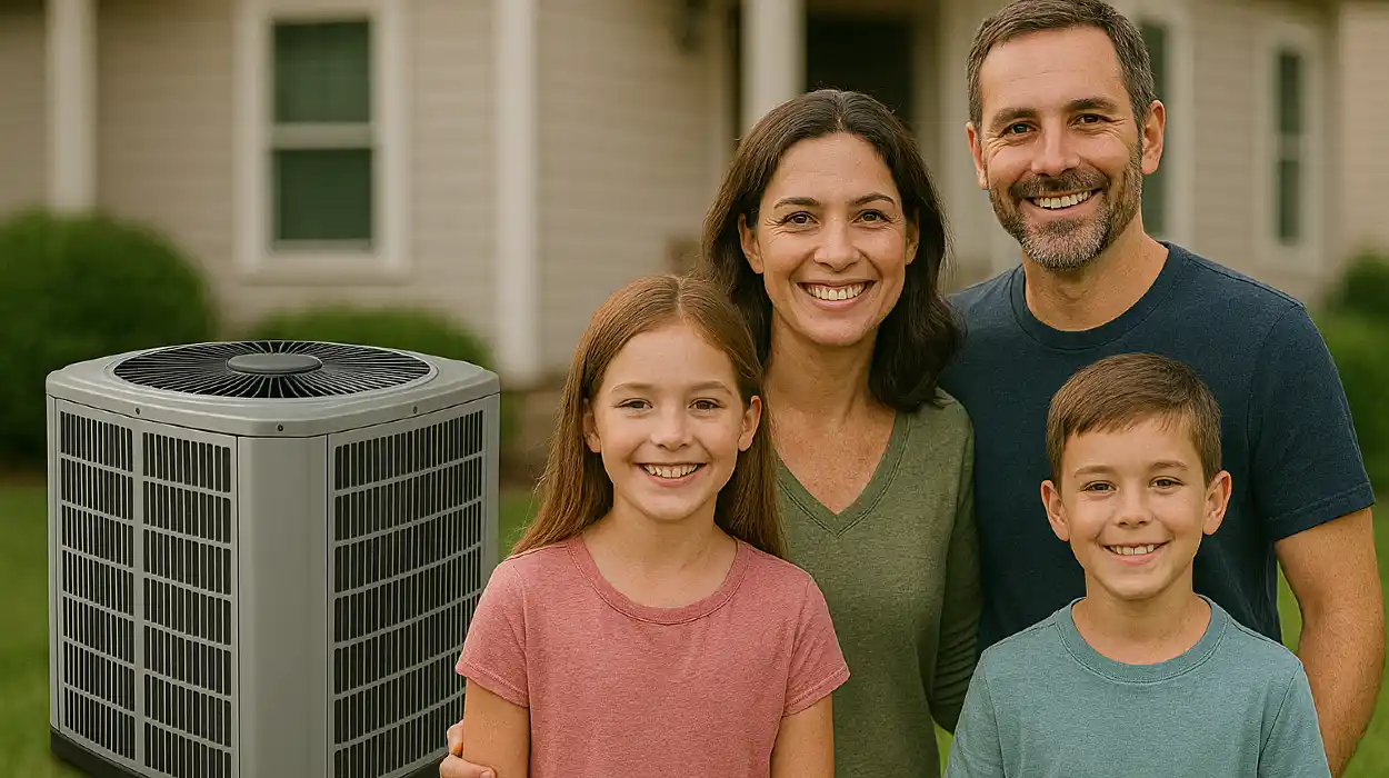 a family outside the house smiling at the camera with a new AC unit next to them from Air Conditioning Repair West Lake in West Lake Hills, TX - 24 Hour Air Conditioning Repair