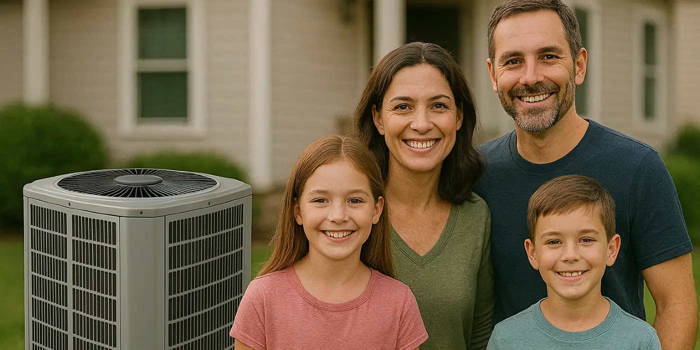 a family outside the house smiling at the camera with a new AC unit next to them from Air Conditioning Repair West Lake in West Lake Hills, TX - 24 Hour Air Conditioning Repair