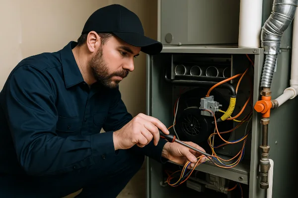 a male air conditioning technician checking a furnace wiring from Air Conditioning Repair West Lake in West Lake Hills, TX - 24 Hour Air Conditioning Repair