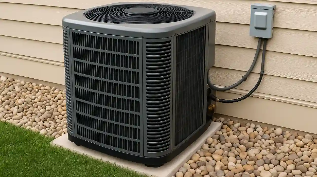 a brand new AC unit outside on a concrete slab from Air Conditioning Repair West Lake in West Lake Hills, TX - Air Conditioner Tune Up