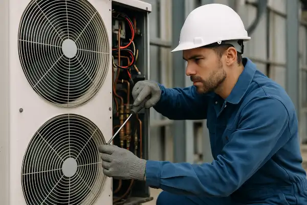 a male air conditioning technician using a scredriver to open an AC unit from Air Conditioning Repair West Lake in West Lake Hills, TX - Air Conditioner Tune Up a male air conditioning technician using a scredriver to open an AC unit from Air Conditioning Repair West Lake in West Lake Hills, TX - Air Conditioner Tune Up