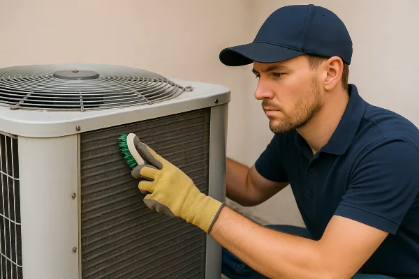 a male air conditioning technician cleaning the coils of an old AC unit from Air Conditioning Repair West Lake in West Lake Hills, TX - Air Conditioner Tune Up a male air conditioning technician cleaning the coils of an old AC unit from Air Conditioning Repair West Lake in West Lake Hills, TX - Air Conditioner Tune Up