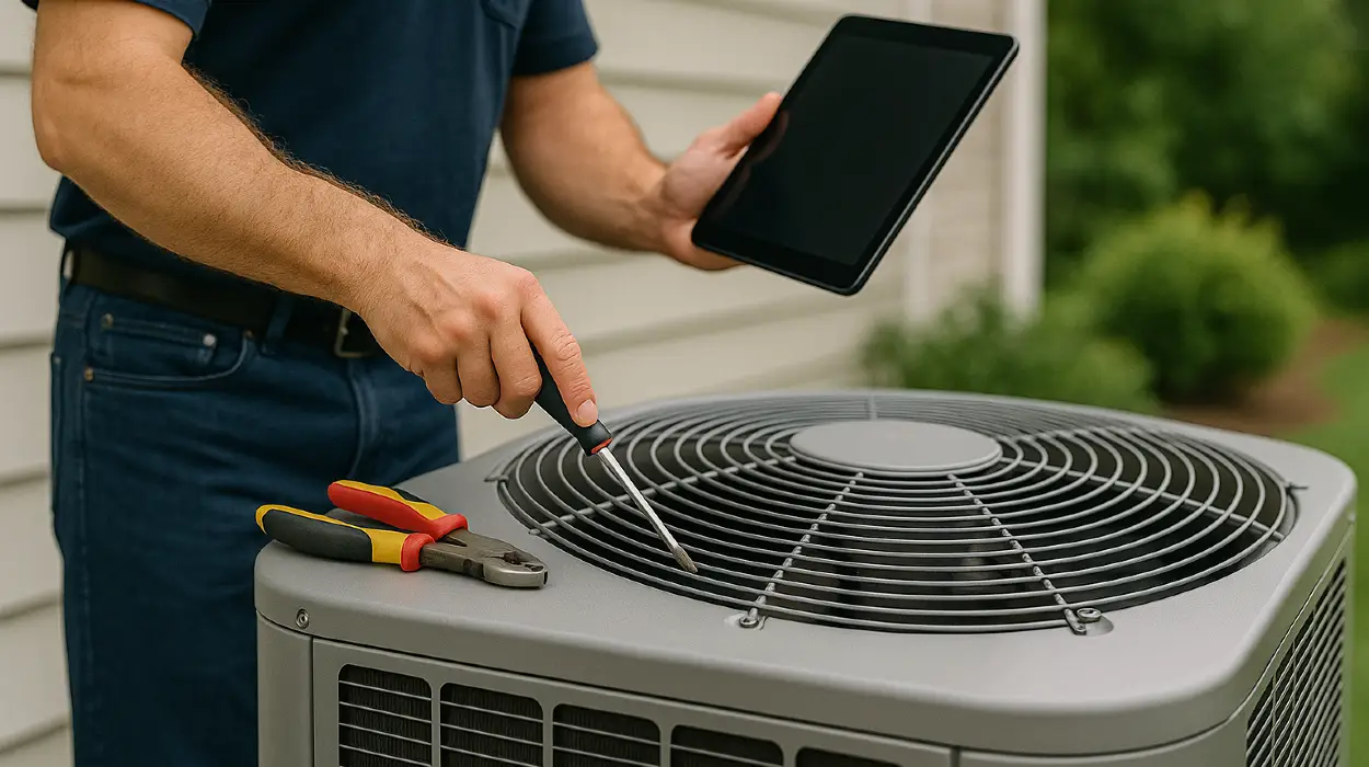 a male air conditioning technician testing an outside ac unit from Air Conditioning Repair West Lake in Austin, TX - Austin TX