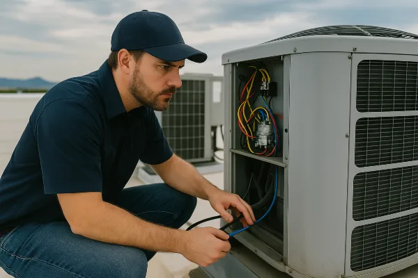 a male air conditioning technician checking a commercial ac unit located on the roof of the building from Air Conditioning Repair West Lake in Austin, TX - Austin TX