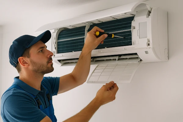 an air conditioning technician checking a mini split ac from Air Conditioning Repair West Lake in Austin, TX - Austin TX