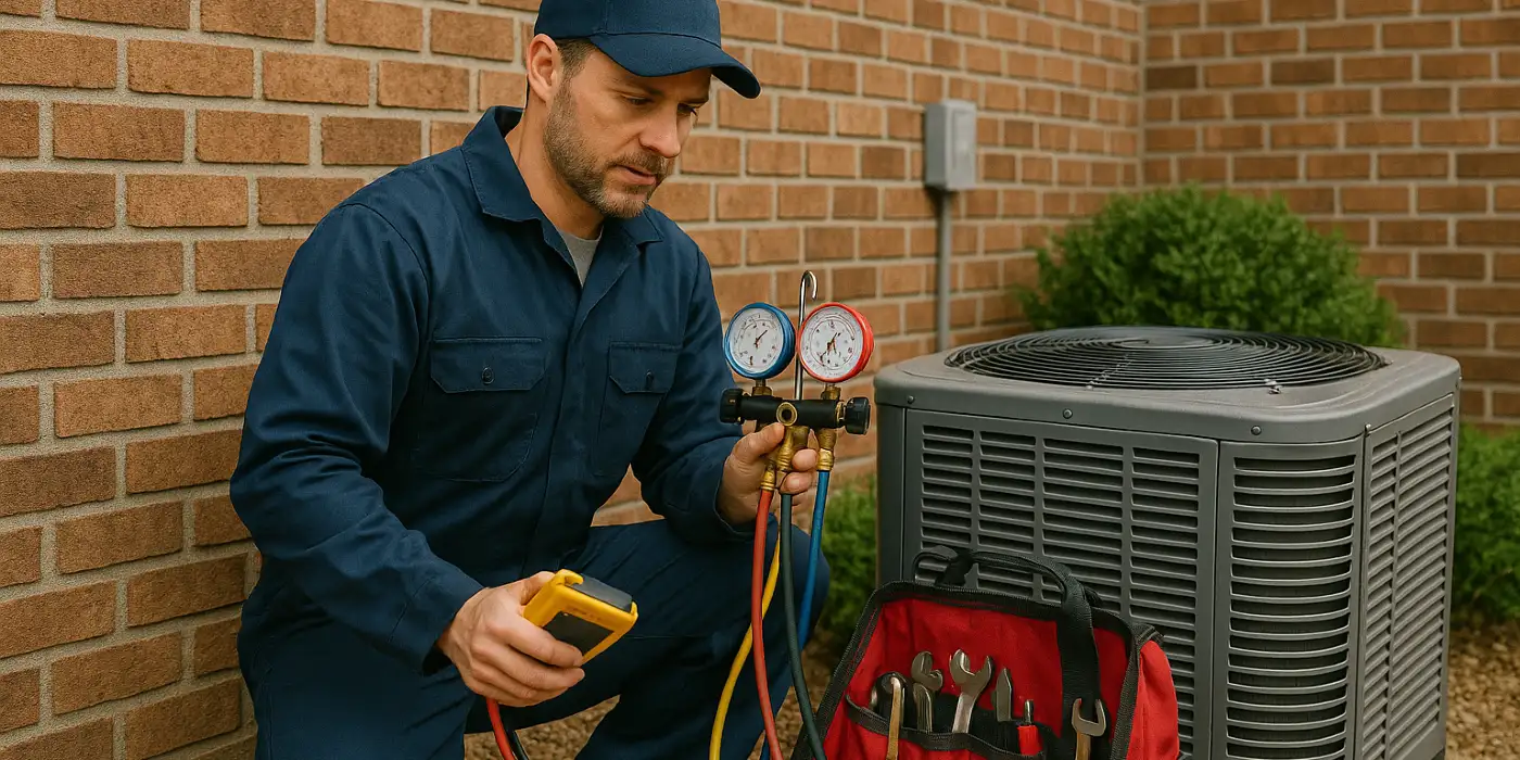 an air conditioning technician with his tools checking an outside ac unite from Air Conditioning Repair West Lake in Cedar Park, TX - Cedar Park TX