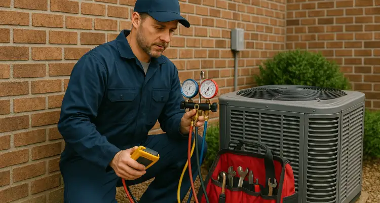 an air conditioning technician with his tools checking an outside ac unite from Air Conditioning Repair West Lake in Cedar Park, TX - Cedar Park TX