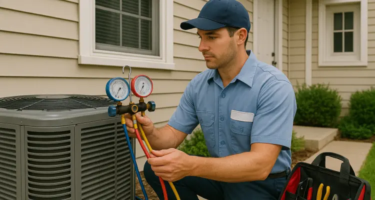 an air conditioning technician in uniform using the manifold gauge to test an ac unit from Air Conditioning Repair West Lake in West Lake Hills, TX - Commercial Air Conditioning Repair