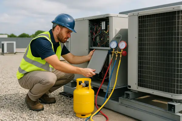 an air conditioning technician using a small freon tank to refill an ac unit from Air Conditioning Repair West Lake in West Lake Hills, TX - Commercial Air Conditioning Repair