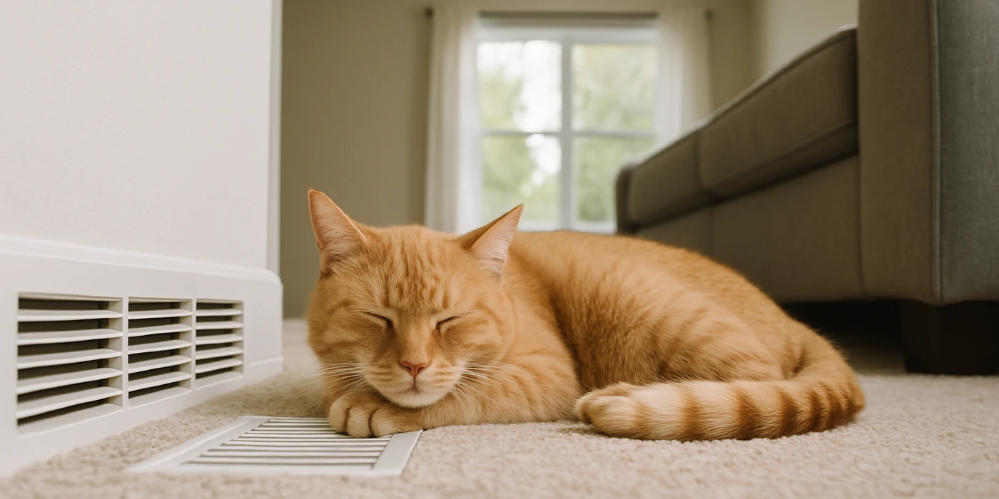 an orange cat laying on the carpet next to an AC vent from Air Conditioning Repair West Lake in West Lake Hills, TX - Common AC Problems an orange cat laying on the carpet next to an AC vent from Air Conditioning Repair West Lake in West Lake Hills, TX - Common AC Problems