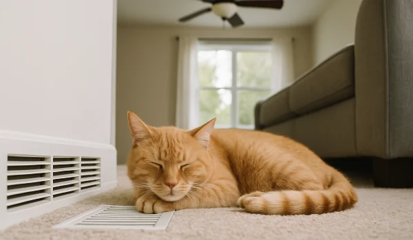 an orange cat laying on the carpet next to an AC vent from Air Conditioning Repair West Lake in West Lake Hills, TX - Common AC Problems