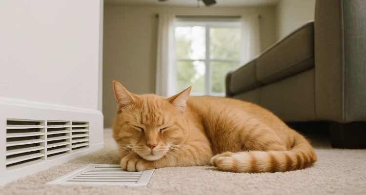 an orange cat laying on the carpet next to an AC vent from Air Conditioning Repair West Lake in West Lake Hills, TX - Common AC Problems