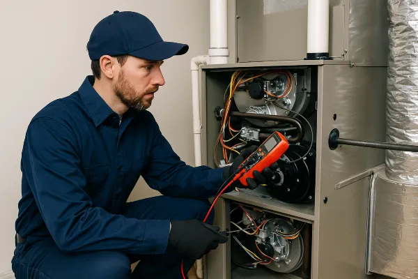 a male air conditioning technician using a current meter on a furnace unit from Air Conditioning Repair West Lake in West Lake Hills, TX - Common AC Problems a male air conditioning technician using a current meter on a furnace unit from Air Conditioning Repair West Lake in West Lake Hills, TX - Common AC Problems