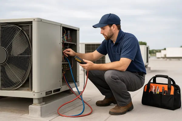 a male air conditioning technician on the roof checking an AC unit from Air Conditioning Repair West Lake in West Lake Hills, TX - Common AC Problems a male air conditioning technician on the roof checking an AC unit from Air Conditioning Repair West Lake in West Lake Hills, TX - Common AC Problems