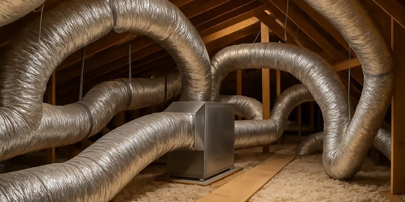 traditional air conditioning ducts installed in the attic of a house from Air Conditioning Repair West Lake in West Lake Hills, TX - Duct Cleaning Services traditional air conditioning ducts installed in the attic of a house from Air Conditioning Repair West Lake in West Lake Hills, TX - Duct Cleaning Services
