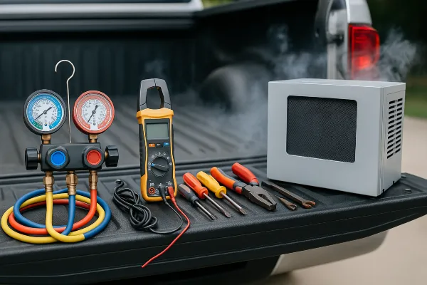 AC tools on the tailgate of a truck from Air Conditioning Repair West Lake in West Lake Hills, TX - Duct Cleaning Services AC tools on the tailgate of a truck from Air Conditioning Repair West Lake in West Lake Hills, TX - Duct Cleaning Services