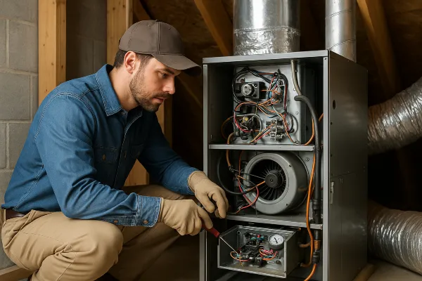 an air conditioning technician with a screwdriver checking the wiring of a furnace from Air Conditioning Repair West Lake in West Lake Hills, TX - Duct Cleaning Services an air conditioning technician with a screwdriver checking the wiring of a furnace from Air Conditioning Repair West Lake in West Lake Hills, TX - Duct Cleaning Services
