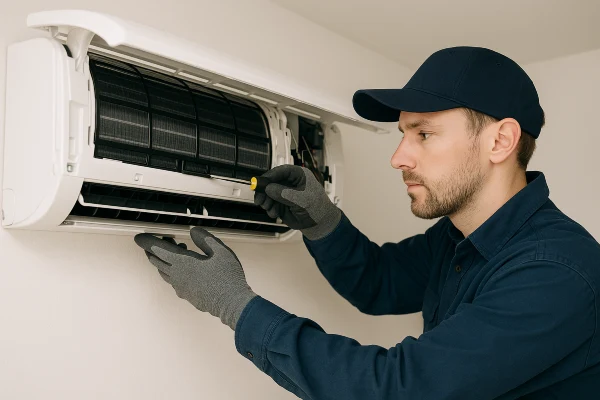 an air conditioning technician fixing a mini split AC unit from Air Conditioning Repair West Lake in West Lake Hills, TX - Duct Cleaning Services an air conditioning technician fixing a mini split AC unit from Air Conditioning Repair West Lake in West Lake Hills, TX - Duct Cleaning Services