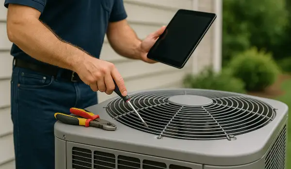 a male air conditioning technician testing an outside ac unit from Air Conditioning Repair West Lake in West Lake Hills, TX - Emergency Ac Repair
