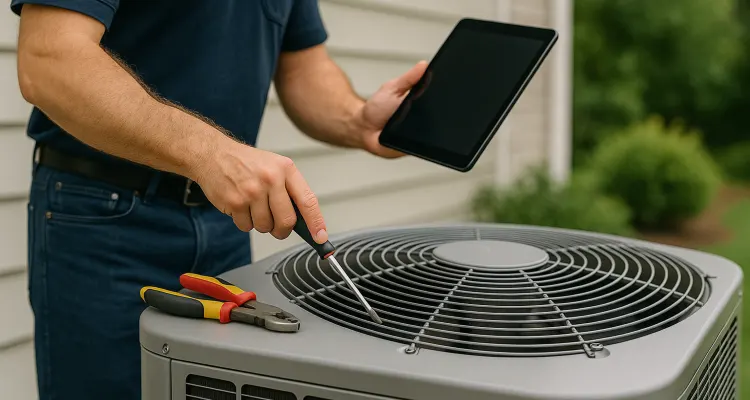 a male air conditioning technician testing an outside ac unit from Air Conditioning Repair West Lake in West Lake Hills, TX - Emergency Ac Repair