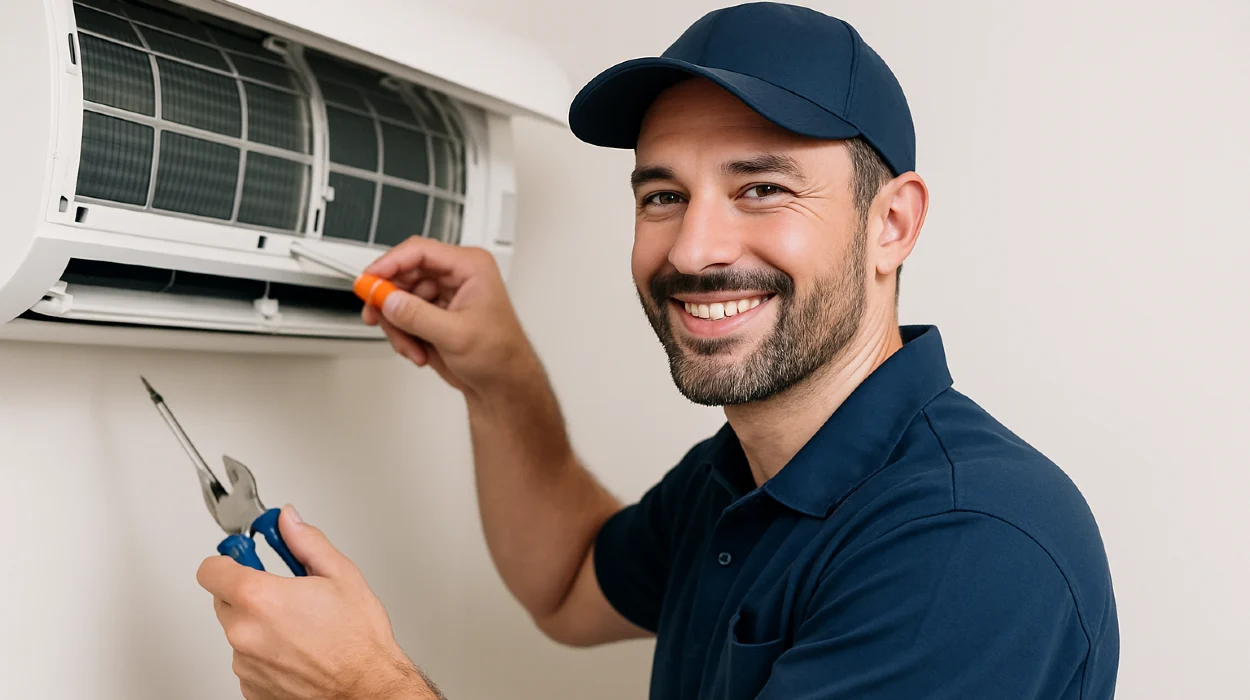 a male air conditioning techinican using a screwdriver to open a mini split unit and smiling at the camera from Air Conditioning Repair West Lake in West Lake Hills, TX - Heating Contractors