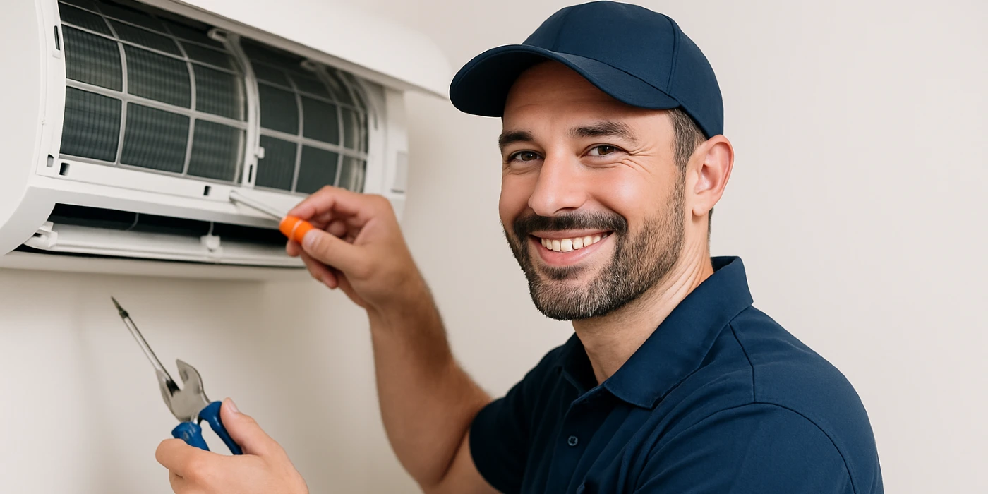 a male air conditioning techinican using a screwdriver to open a mini split unit and smiling at the camera from Air Conditioning Repair West Lake in West Lake Hills, TX - Heating Contractors a male air conditioning techinican using a screwdriver to open a mini split unit and smiling at the camera from Air Conditioning Repair West Lake in West Lake Hills, TX - Heating Contractors