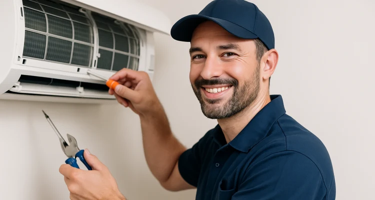 a male air conditioning techinican using a screwdriver to open a mini split unit and smiling at the camera from Air Conditioning Repair West Lake in West Lake Hills, TX - Heating Contractors
