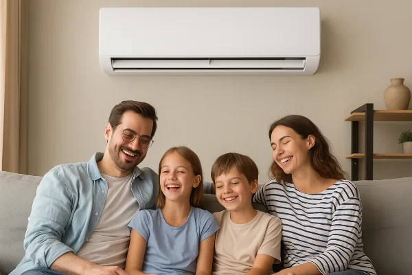 a family on a couch enjoying the cool air coming from a mini split AC unit from Air Conditioning Repair West Lake in West Lake Hills, TX - Heating Contractors a family on a couch enjoying the cool air coming from a mini split AC unit from Air Conditioning Repair West Lake in West Lake Hills, TX - Heating Contractors