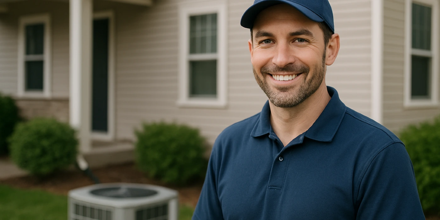 an air conditioning technician on the front porch smiling at the camera and an AC unit next to him from Air Conditioning Repair West Lake in West Lake Hills, TX - HVAC Replacement an air conditioning technician on the front porch smiling at the camera and an AC unit next to him from Air Conditioning Repair West Lake in West Lake Hills, TX - HVAC Replacement