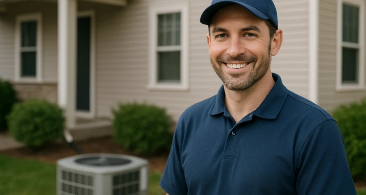 an air conditioning technician on the front porch smiling at the camera and an AC unit next to him from Air Conditioning Repair West Lake in West Lake Hills, TX - HVAC Replacement