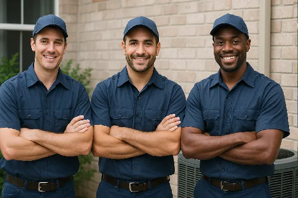3 air conditioning technician ouside a house smiling at the camera from Air Conditioning Repair West Lake in West Lake Hills, TX - HVAC Replacement 3 air conditioning technician ouside a house smiling at the camera from Air Conditioning Repair West Lake in West Lake Hills, TX - HVAC Replacement