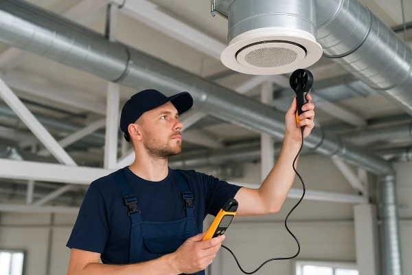 a male hvac technician measuring the temperature with a device from Air Conditioning Repair West Lake in Lakeway, TX - Lakeway TX a male hvac technician measuring the temperature with a device from Air Conditioning Repair West Lake in Lakeway, TX - Lakeway TX