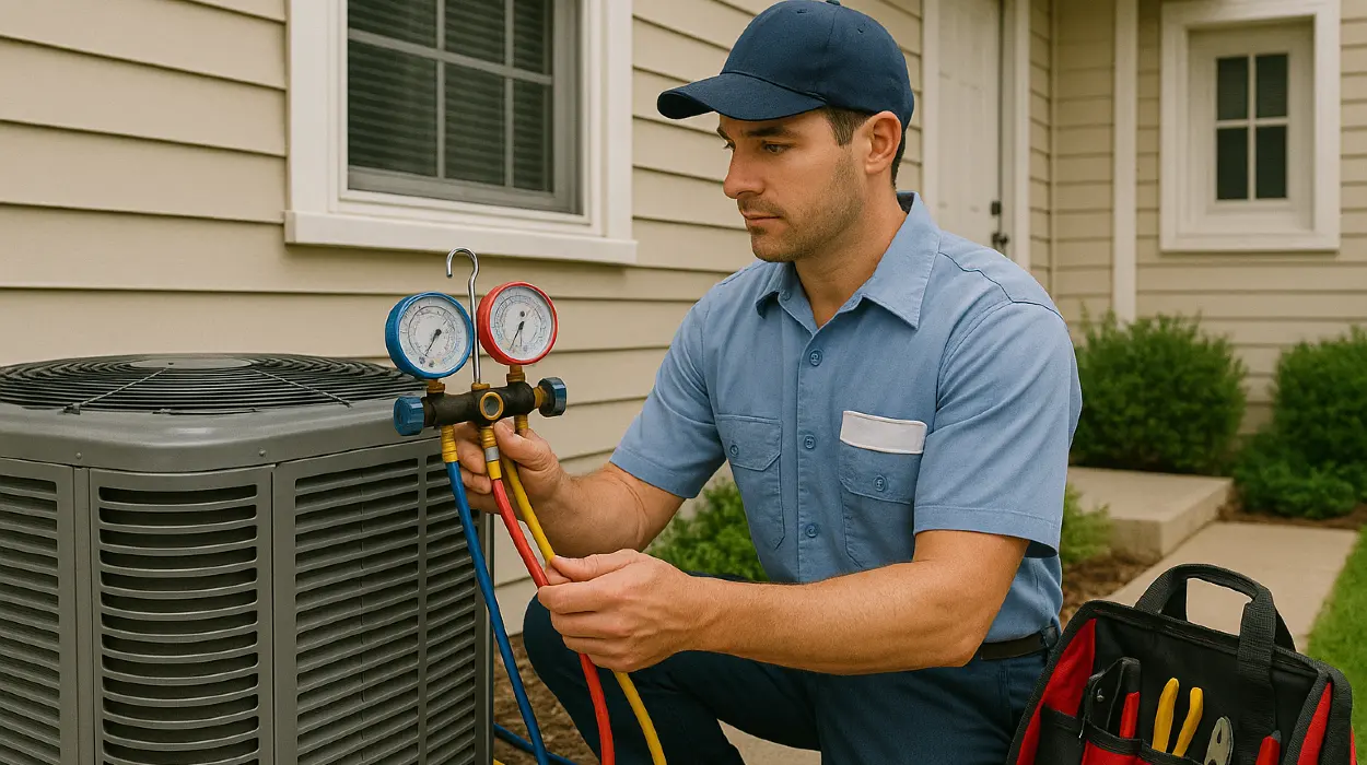 an air conditioning technician in uniform using the manifold gauge to test an ac unit from Air Conditioning Repair West Lake in Leander, TX - Leander TX