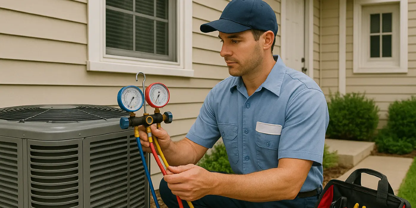 an air conditioning technician in uniform using the manifold gauge to test an ac unit from Air Conditioning Repair West Lake in Leander, TX - Leander TX an air conditioning technician in uniform using the manifold gauge to test an ac unit from Air Conditioning Repair West Lake in Leander, TX - Leander TX