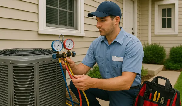 an air conditioning technician in uniform using the manifold gauge to test an ac unit from Air Conditioning Repair West Lake in Leander, TX - Leander TX