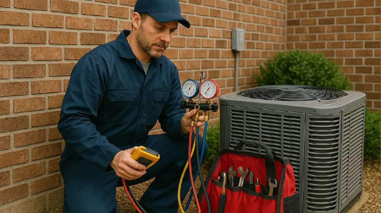 an air conditioning technician with his tools checking an outside ac unite from Air Conditioning Repair West Lake in West Lake Hills, TX - Residential Air Conditioning Repair