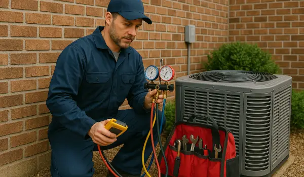an air conditioning technician with his tools checking an outside ac unite from Air Conditioning Repair West Lake in West Lake Hills, TX - Residential Air Conditioning Repair