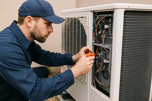 an air conditioning technician using a scredriver to check the wires of an ac unite from Air Conditioning Repair West Lake in West Lake Hills, TX - Residential Air Conditioning Repair an air conditioning technician using a scredriver to check the wires of an ac unite from Air Conditioning Repair West Lake in West Lake Hills, TX - Residential Air Conditioning Repair