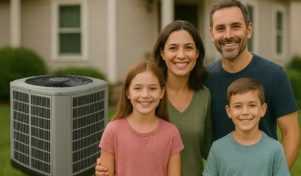 a family outside the house smiling at the camera with a new AC unit next to them from Air Conditioning Repair West Lake in Round Rock, TX - Round Rock TX