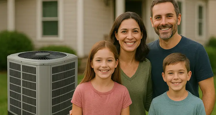 a family outside the house smiling at the camera with a new AC unit next to them from Air Conditioning Repair West Lake in Round Rock, TX - Round Rock TX