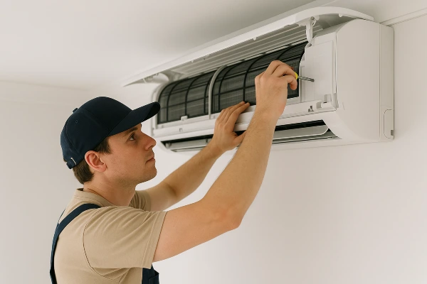 a male air conditioning technician checking a mini split AC unit from Air Conditioning Repair West Lake in Round Rock, TX - Round Rock TX a male air conditioning technician checking a mini split AC unit from Air Conditioning Repair West Lake in Round Rock, TX - Round Rock TX